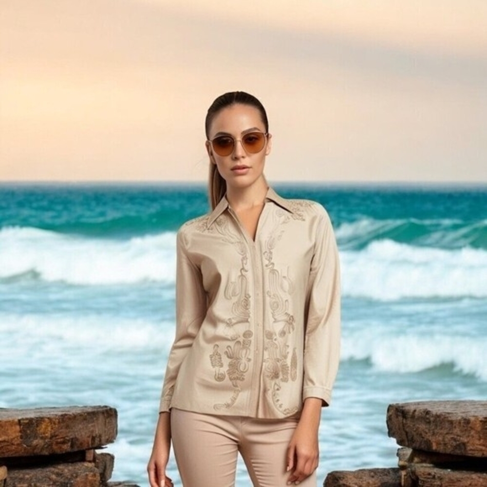 Elie Tahari Beige Floral Embroidered Leather Blazer Shirt Hybrid Womens Size S